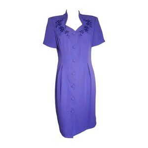 DRESSBARN Solid All Purple Short Sleeve Button Front Embroidered Dress Womens 10